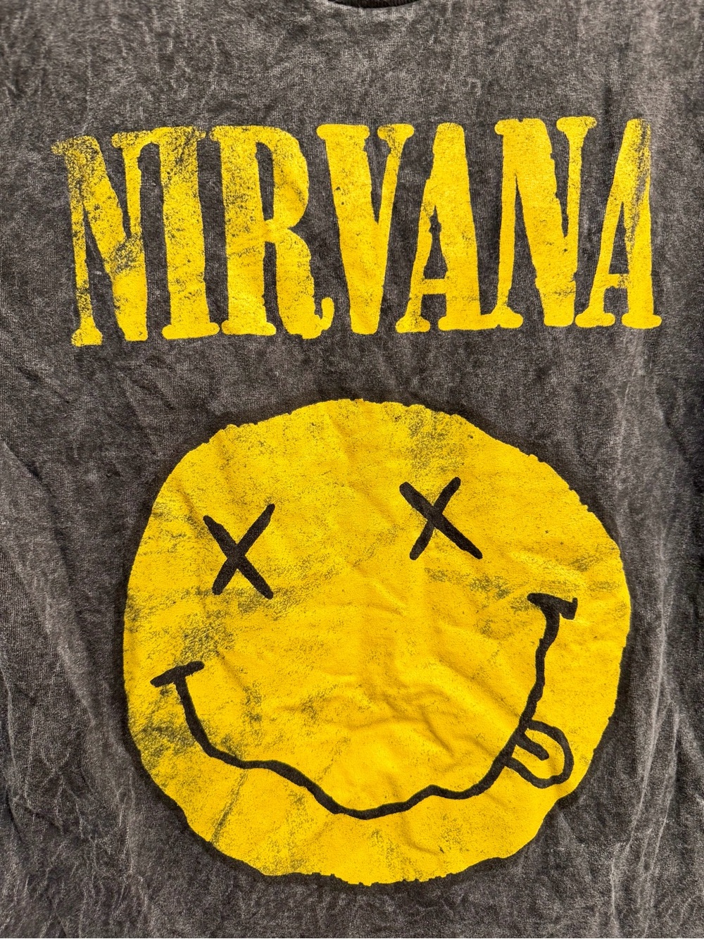 Nirvana Smiley Face Graphic T-Shirt Acid Wash Grey Black Oversized Boxy Womens M - Picture 5 of 11
